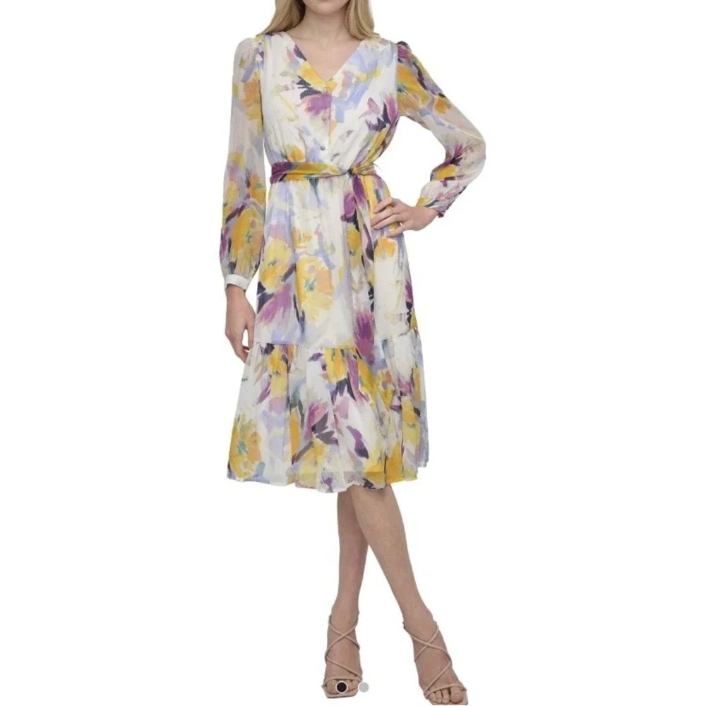 dkny floral midi dress DKNY Floral Print Midi Dress with Black Panels